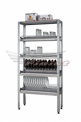 Стеллаж для сушки посуды СтПЛп 625*600*1600, 5 полок сплош. нерж.0,8мм, 2 полки д/тарелок, 2 полки д/стаканов-1