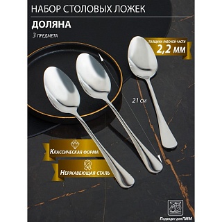 Набор ложек столовых Доляна, h=21 см, толщина 2,2 мм, 410 сталь, 3 шт-1