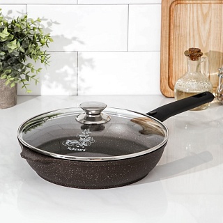 Сковорода, d=24 см, съёмная ручка, стеклянная крышка, антипригарное покрытие, цвет кофейный мрамор-1