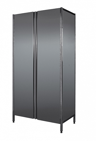 Шкаф нерж. 1200*600*1800 двери-купе, 2 промежут. полки, каркас св. труба нерж. 25*25мм-1