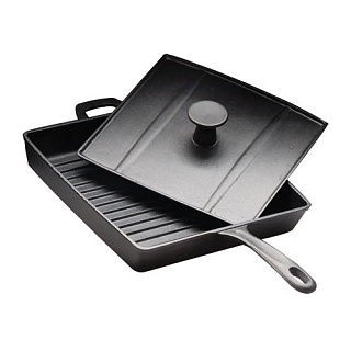 Сковорода чугунная рифленая 270х270 мм «Цыплята табака» с крышкой-прессом Luxstahl [HEGP30]-1