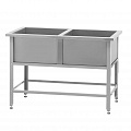 Ванна моечная ВМСн - 1350*700*860 "Norma Inox", 2 м/о 600*600*400 (ножка угловая; полка с отверстием, борт, ширина 70 мм)
