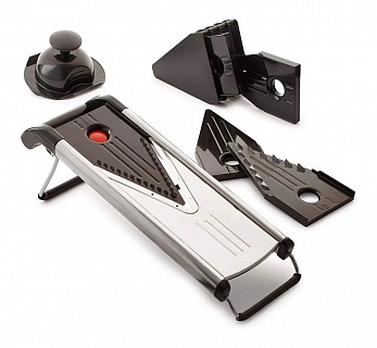 Мандолина (овощерезка) 42*13 см. с 5-ю насадками и толкателем, нерж. и пластик MGsteel /1/																								-1