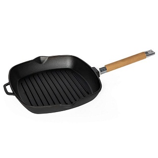 Сковорода-гриль 28*28 см. h=4,5 см. чугун. рифлен. со съемн дерев. ручкой /1/8/-1